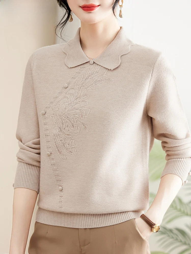 

Ele Knitted Sweater for Middle-Aged Mothers Spring Faion Basic Layering Top Ladylike woman ort Sle Pure Color