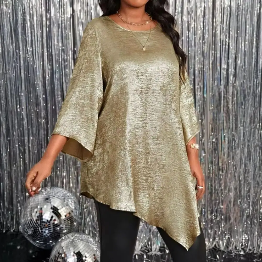 

Shiny Texture Women Blouse Top O Neck Ninth Length Sleeve Mid-length Blouse Sparkling Irregular Hem Shiny Texture Tee 2025
