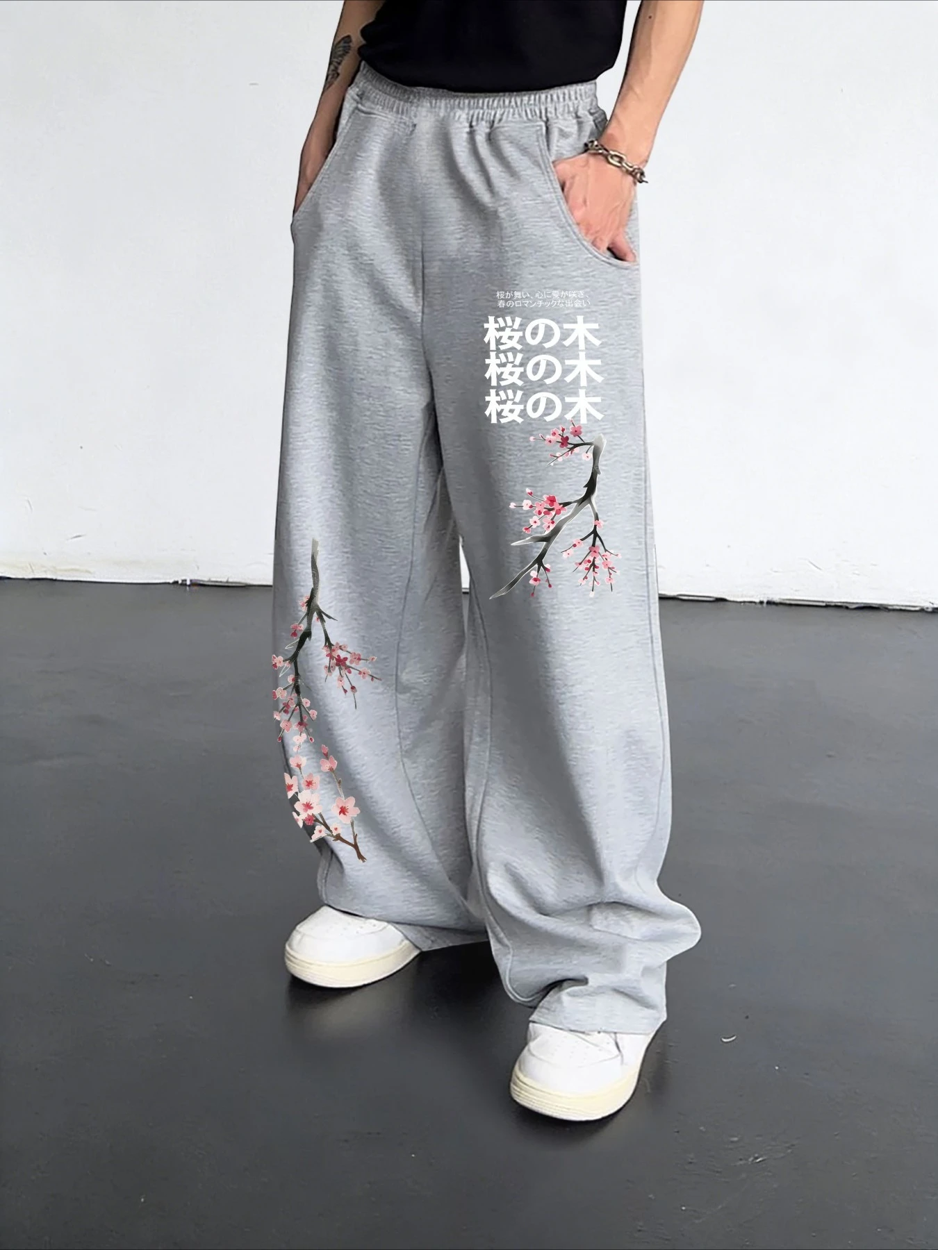 Herrenhose mit japanischem Kirschblüten-3D-Print, lässige Streetwear-Hose, lockere Damenhose im Harajuku-Stil – Detail 3