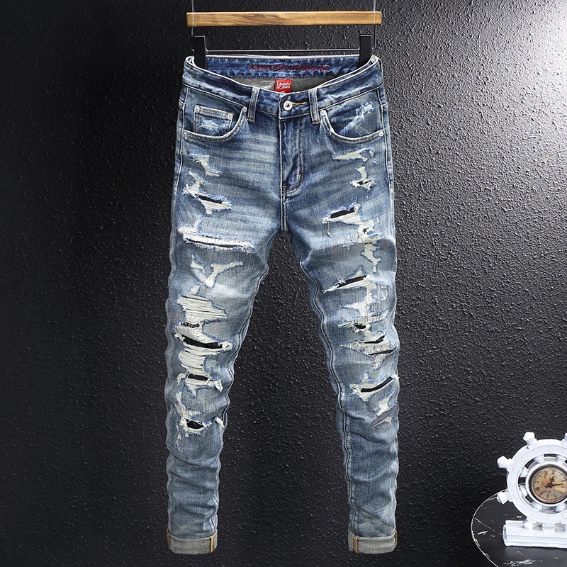 

High Street Fashion Men Jeans Retro Washed Blue Stretch Slim Fit Ripped Jeans Men Patched Designer Hip Hop Vintage Denim Pants