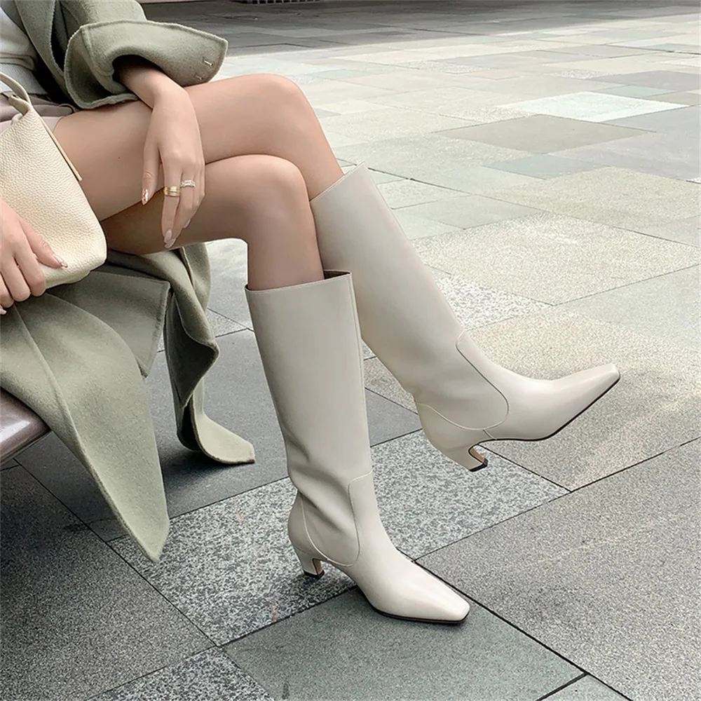 Taoffen Size 36-41 Women Knee High Boots Real Leather Sexy Pointed Toe Low Heels Long Boots Ladies Slip On Party Wide Calf Boots