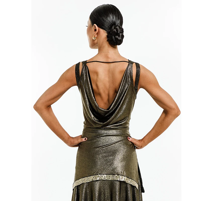 Swinging Latin Dance Dress Women Sequin Gold Dress Rummba Cha Cha Performance Costume Adult Latin Competition Dress DNV21896