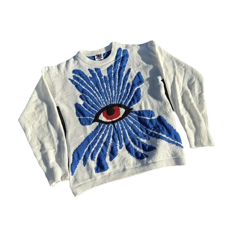 2024 dipersonalisasi mata Jacquard mewah rajutan leher bulat uniseks Hoodie longgar High Street pria Sweater