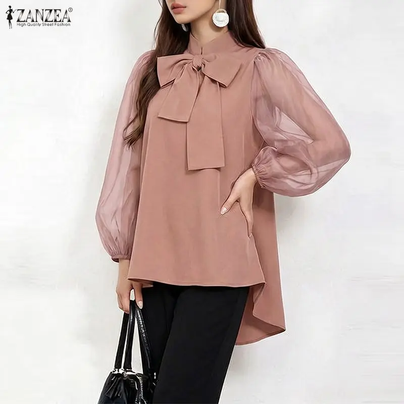 

ZANZEA Women High-Low Blouses Summer Elegant Stand Collar Mesh Lantern Sleeves Solid Color Tops Day to Night Blusas de Mujer