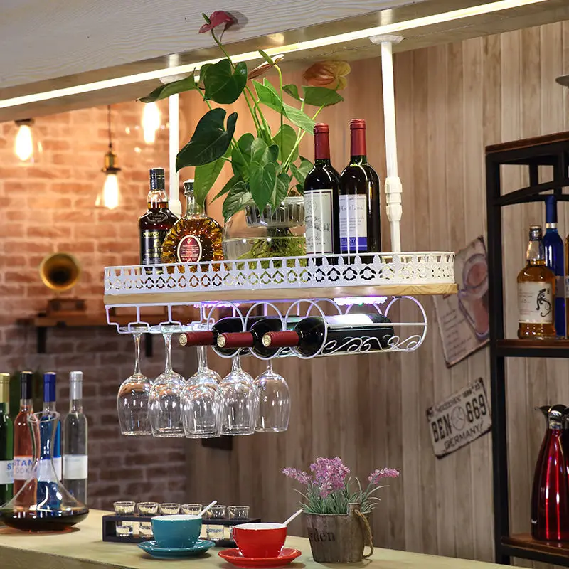 Inverted bar counter with red wine cup holder Creative retro solid wood European high footed cup holder hanging bracket