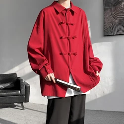 Men's Dial Buckle Solid Long Sleeve Shirt Chic Pleated Decor 2024 Spring New Loose Casual Traditional Chinese Style Clothing