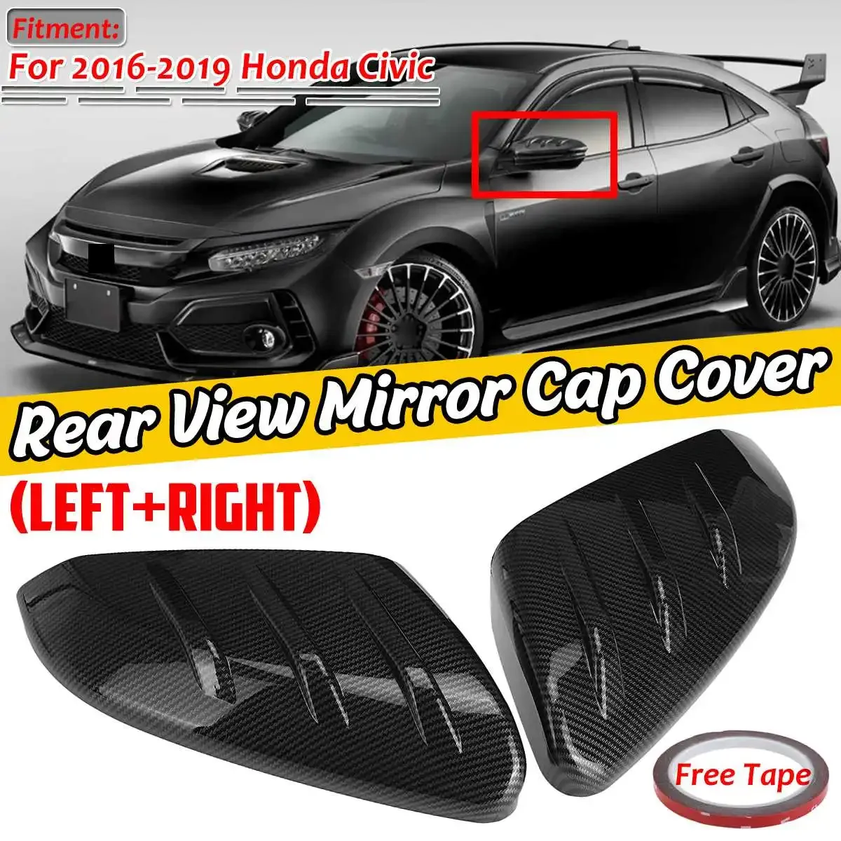 Add-on Carbon Fiber Look 2xCar Side Door Rear View Mirror Cover Cap For Honda For Civic 2016-2020 ABS Rearview Mirror Cap Covers