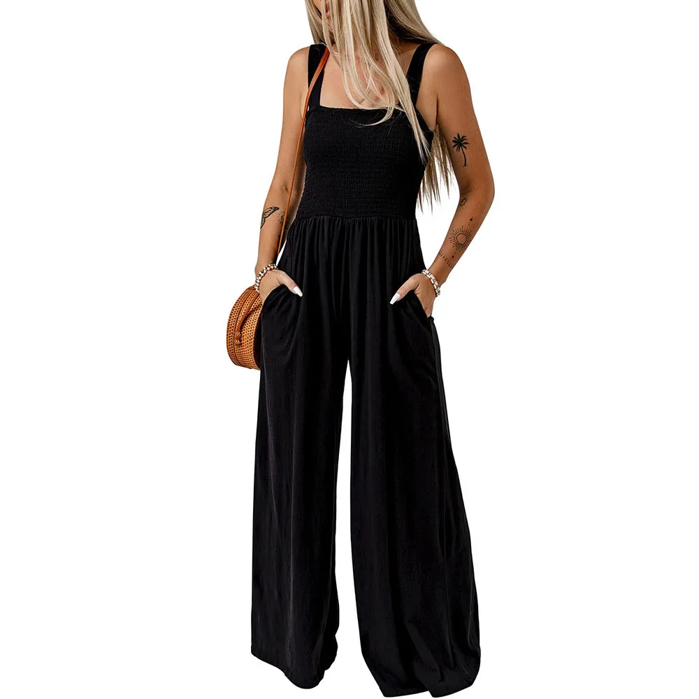 2024 Basic Simple High Waist Knitted Off Shoulder Wide Leg Pants Women's Pure Black Jumpsuit Pants Women Rompers Womens Jumpsuit