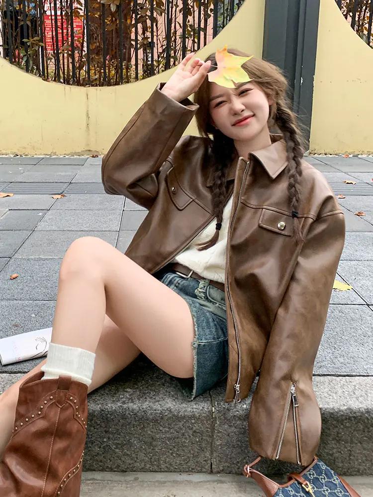 Jaet in pelle PU marrone caffè allentato casual da donna 2025 Primavera Autunno Nuovo Hong Kong Sle Retro High-End Sense Moto Ja...