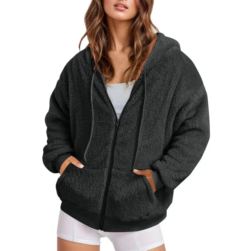 Women Fluffy Loose Hooded Outerwear Autumn Winter Hoodies Long Sleeve Warm Coat Pullover Sweatshirt Plush Turtleneck Zipper Neck