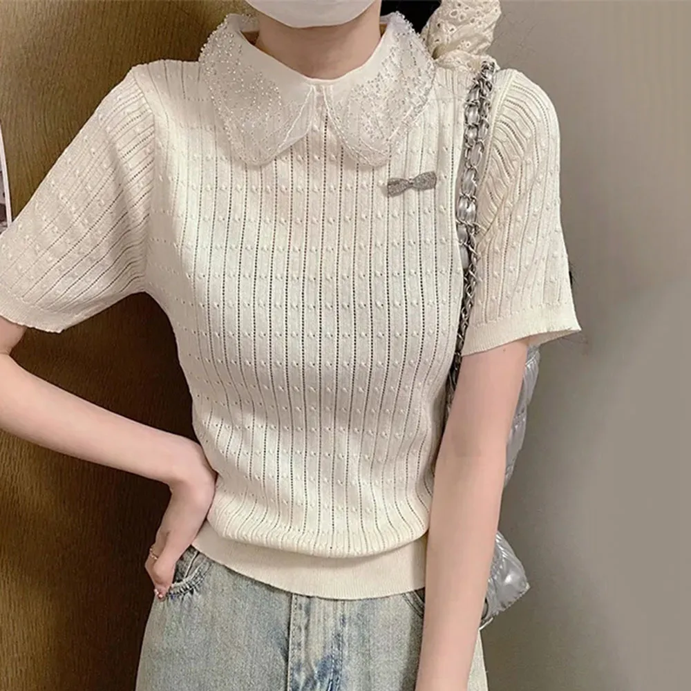 Elegant Korean Thin Pullovers Vintage Slim Sweater 2024 Women's White Short Sleeve Knit T-shirt Summer Sweet Beadwork Lady Tops