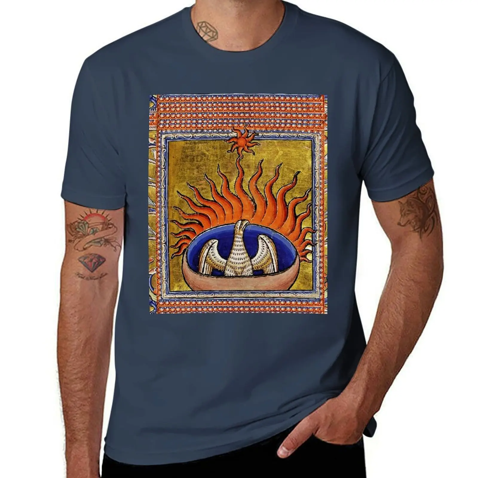

MEDIEVAL BESTIARY,PHOENIX IN RED FLAMES,TREE OF LIFE ,BIRDS,DRAGONS FANTASTIC ANIMALS IN GOLD RED BLUE COLORS T-Shirt