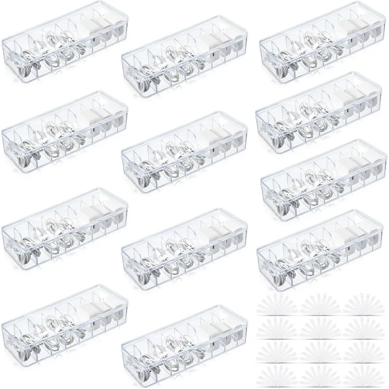 12 Pcs Cable Organizer with 120 Wire Ties, Clear Plastic Cord Storage Box with Lid, Electronics Charger Organizer for Home