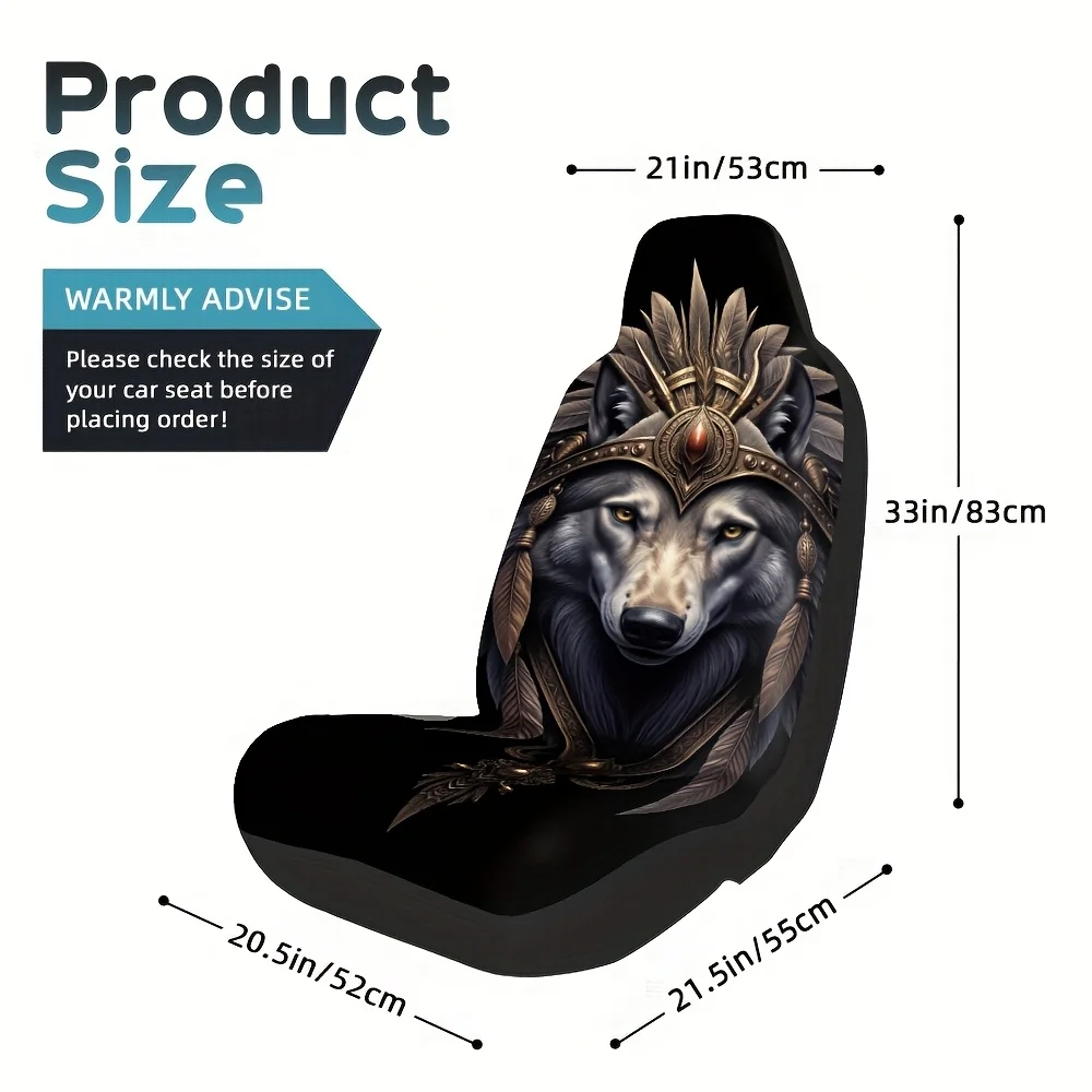 2pcs, Stylish Ed Wolf Portrait Dark Design Front Seat Covers, Perfect Fit For Single Front Car Seats, Enhances Car Interior With