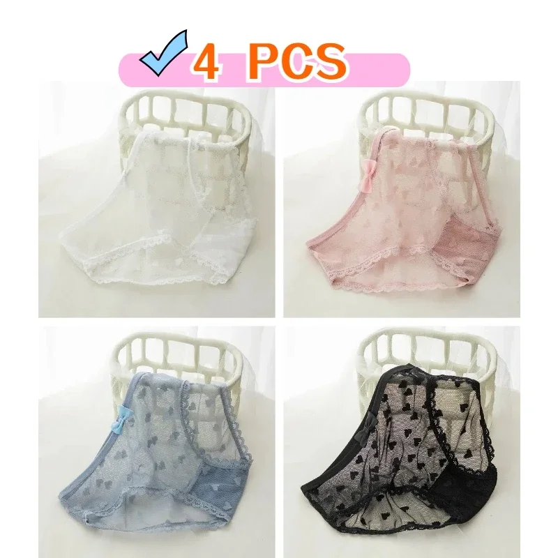 4pcs Mid-Waist Japanese Sweet Panties Feminine Lace Bow Love Mesh Cotton Crotch Briefs Women\'s Mesh Cotton Crotch Panties