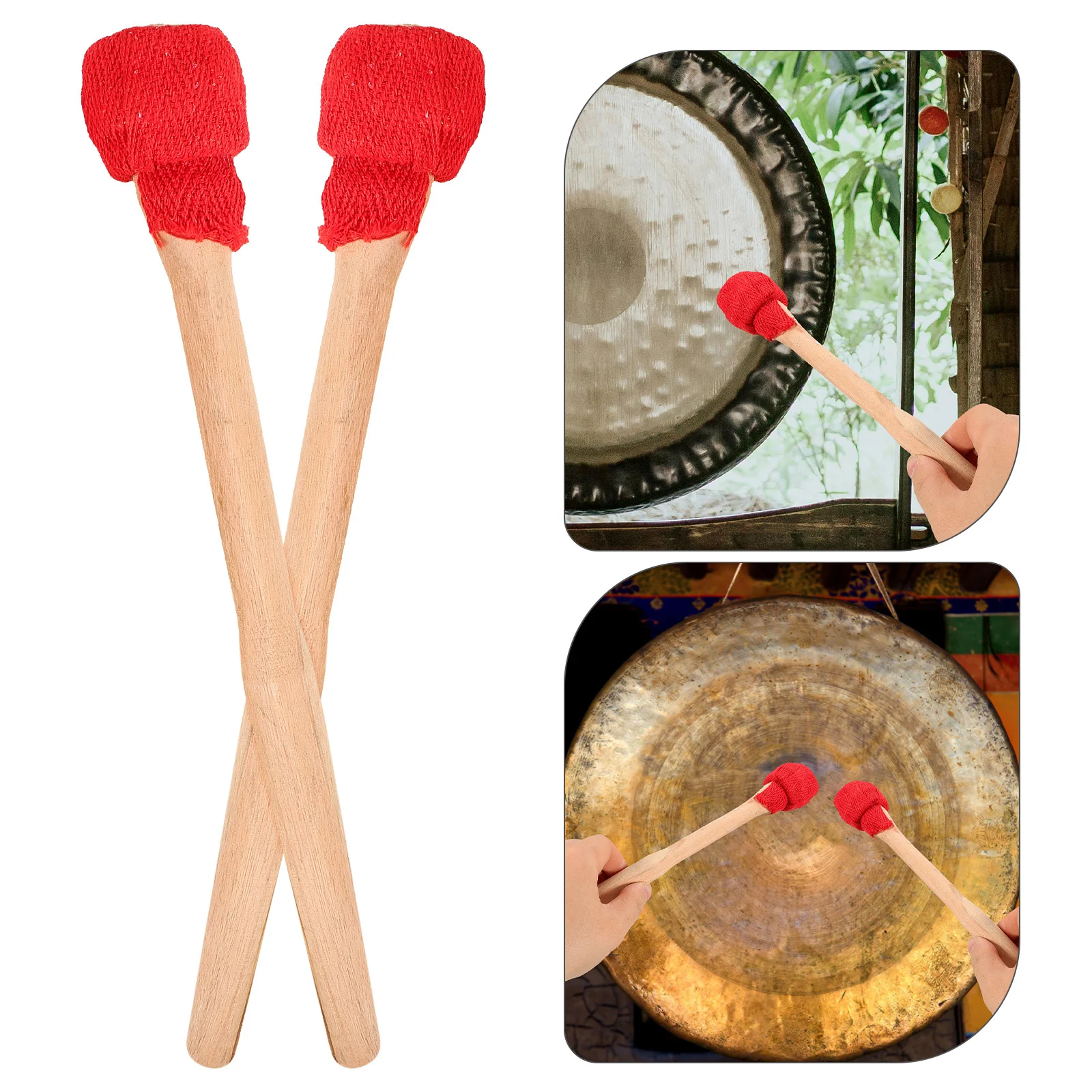 

2pcs Wooden Gong Mallet Red Cloth Handle Durable Balanced Sound Percussion Instrument Accessory For Drum Sticks Beginners