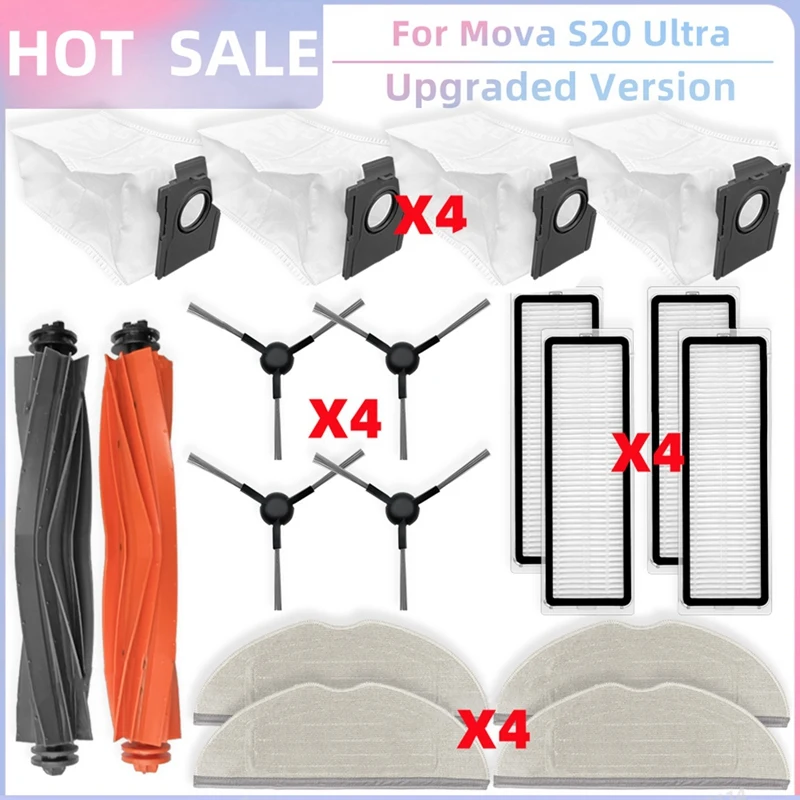 ABUD-For Dreame Mova S20 Ultra أجزاء المكنسة الرئيسية الأسطوانة الجانبية فرشاة فلتر Hepa ممسحة القماش كيس لجميع الغبار الملحقات