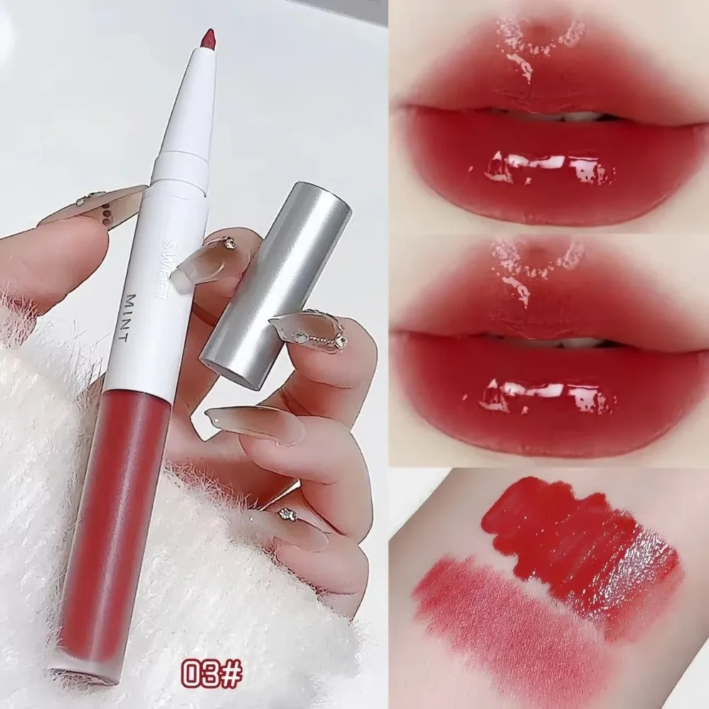 2 In 1 Double Ended Lip Glaze Moisturizing Lasting Lip Liner ปากกากันน้ํา Non-stick Cup กระจก Lip Gloss ผู้หญิงเครื่องสําอางค์