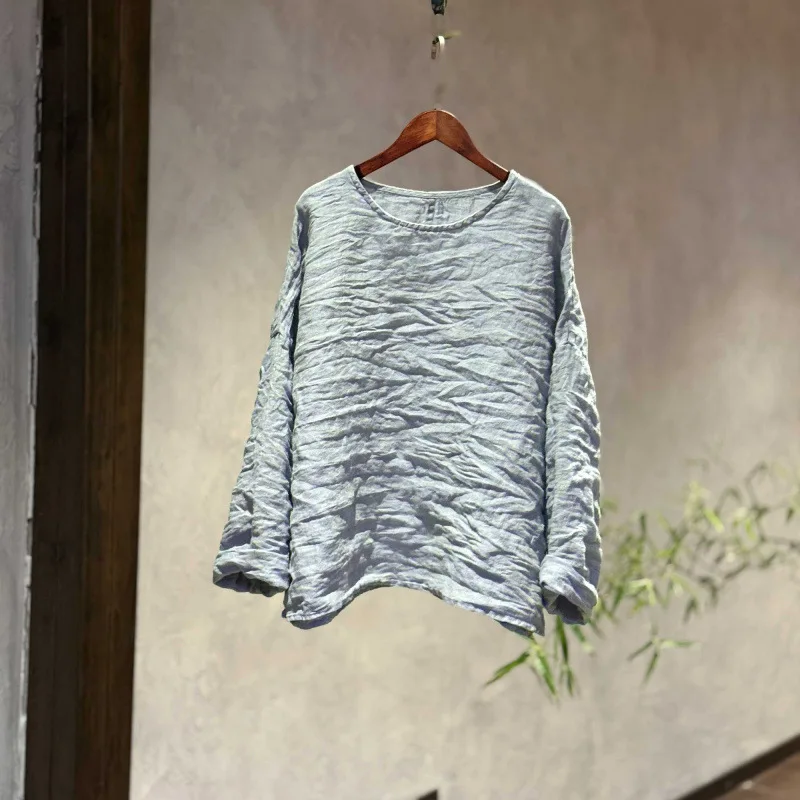 

Women Crew Neck T Shirts Vintage Yarn Dyed Linen Simple Literary Long Sleeve Tops 2026 Loose Casual High Quality Tees Blouses