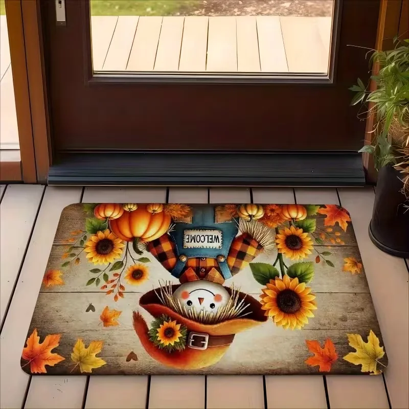 Herbstliche Kürbis- und Ahornblatt-Türmatte aus Flanell, Rutschfest und Komfortabel für Eingangsbereich, Schlafzimmer, Wohnzimmer, Heimdekoration – Detail 7