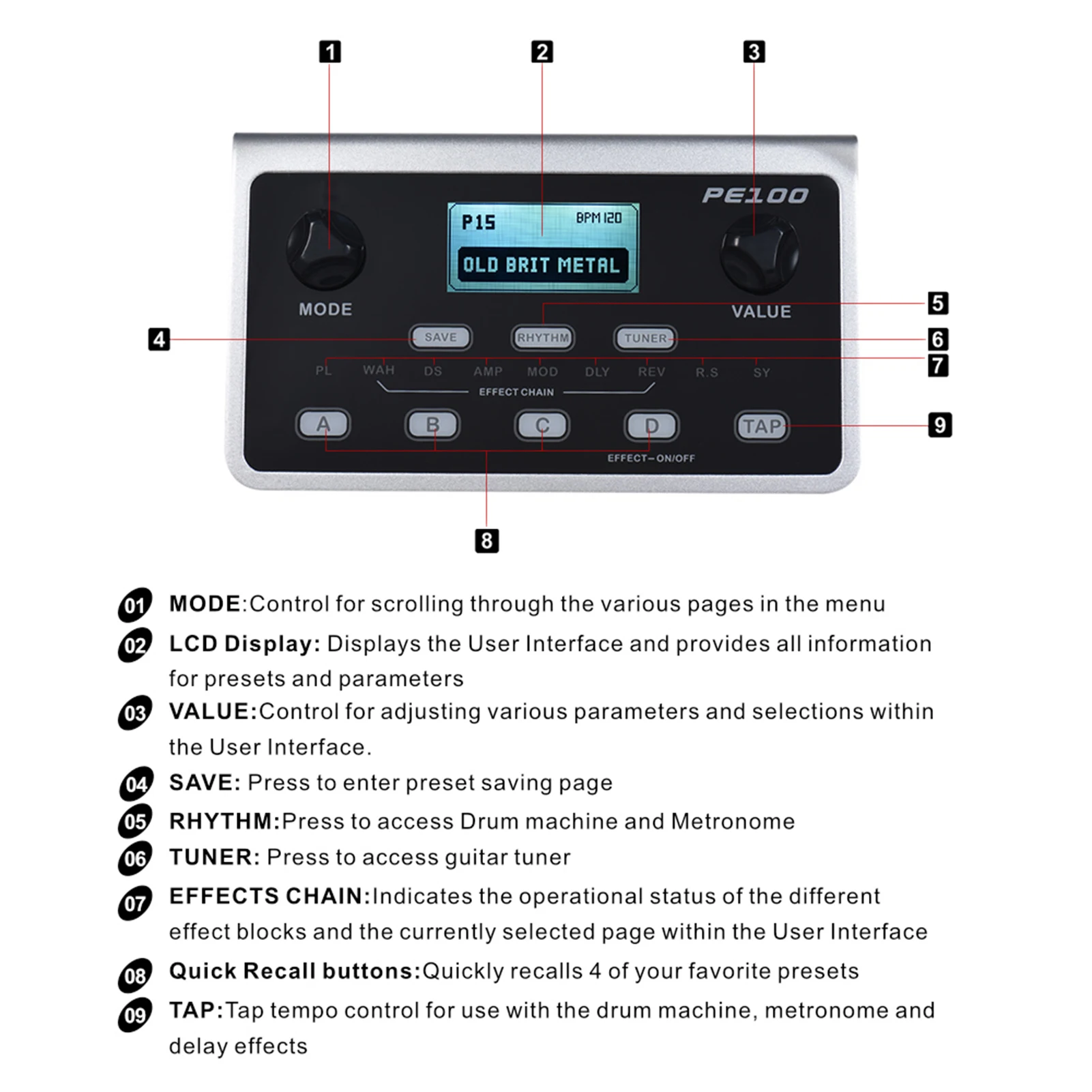 Interessanter tragbarer Multieffektprozessor MOOER PE100, Gitarreneffektpedal, 39 Effekte, 40 Trommelmuster, 10 Metronomen, Tap Tempo