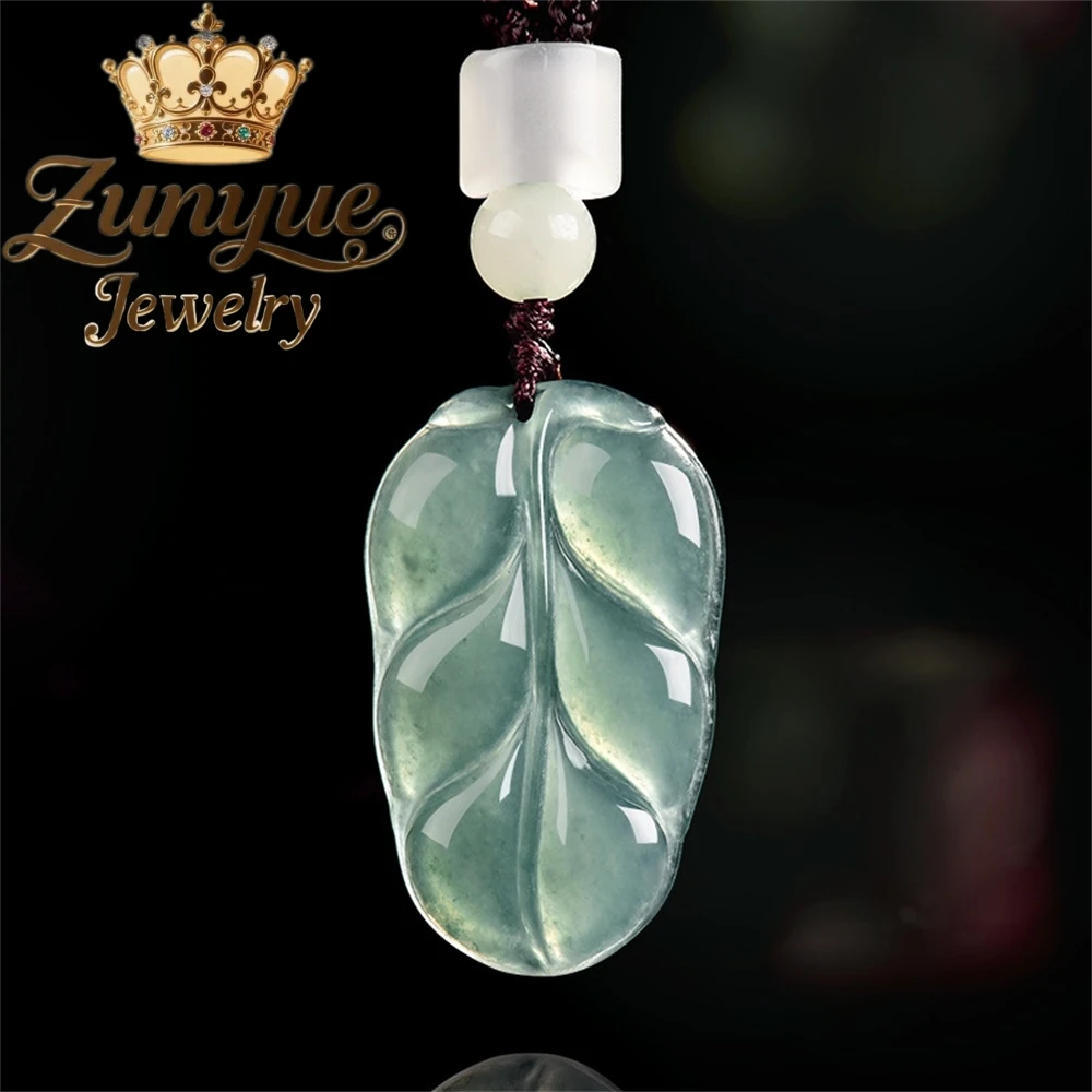 

Genuine Natural A-grade Jadeite Blue Water Leaf Pendant Soft Jade Simple Fashionable Pendant For Men And Women Gift For Friend