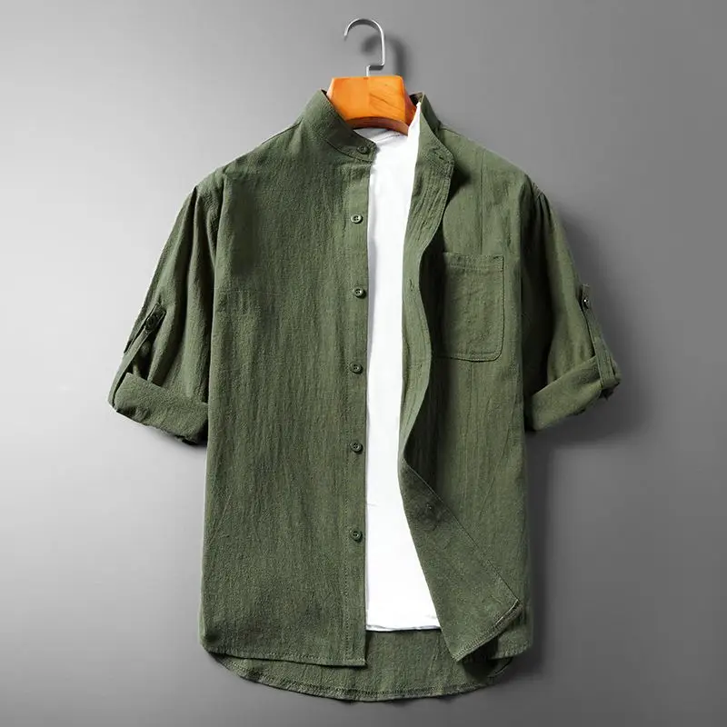 

Loose Men's Cotton Linen ort Sve irt Youth Faion Autumn Stand Fit Teen Boy's Stand Collar Seven Sve Length