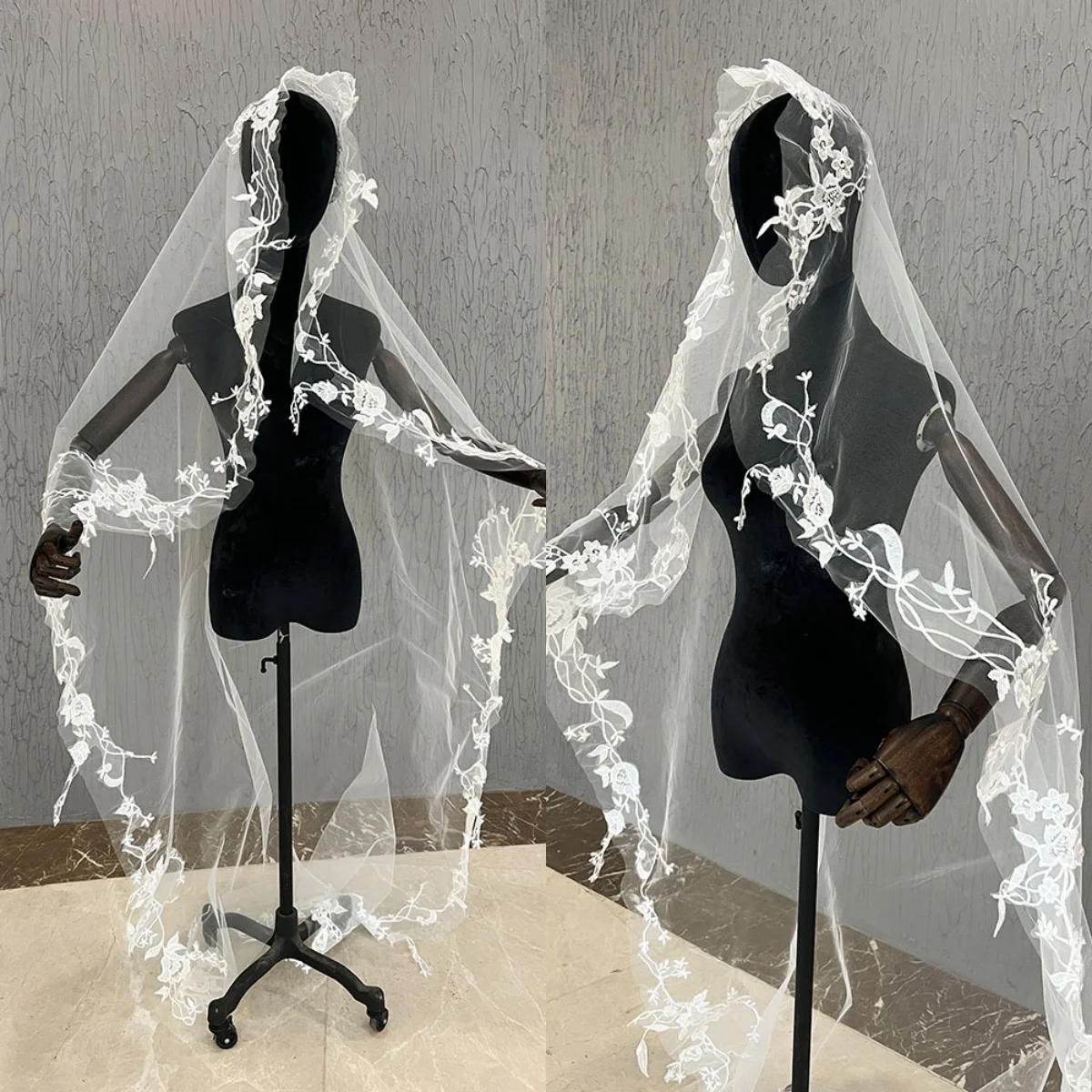 

Элегантная свадебная фата с цветами, милая фата длиной до кончиков пальцев, кружевная аппликация по краям для невесты, аксессуары из вуали по индивидуальному заказу