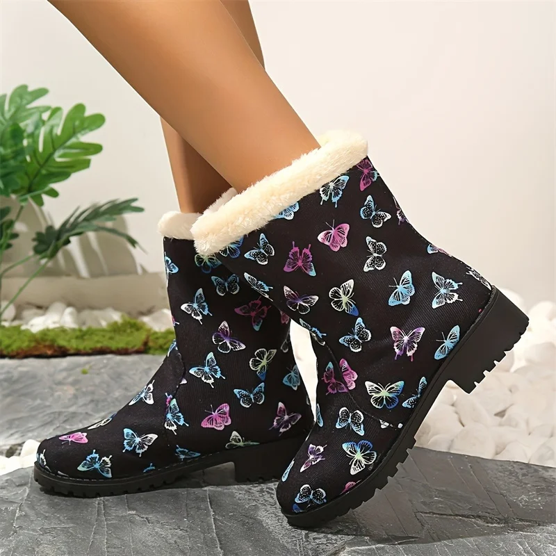 Print Random Women Snow Ankle Boots Cotton Shoes Fur Chunky New Short Plush Boots 2024 Winter Fashion Warm Brand Mujer Zapatos