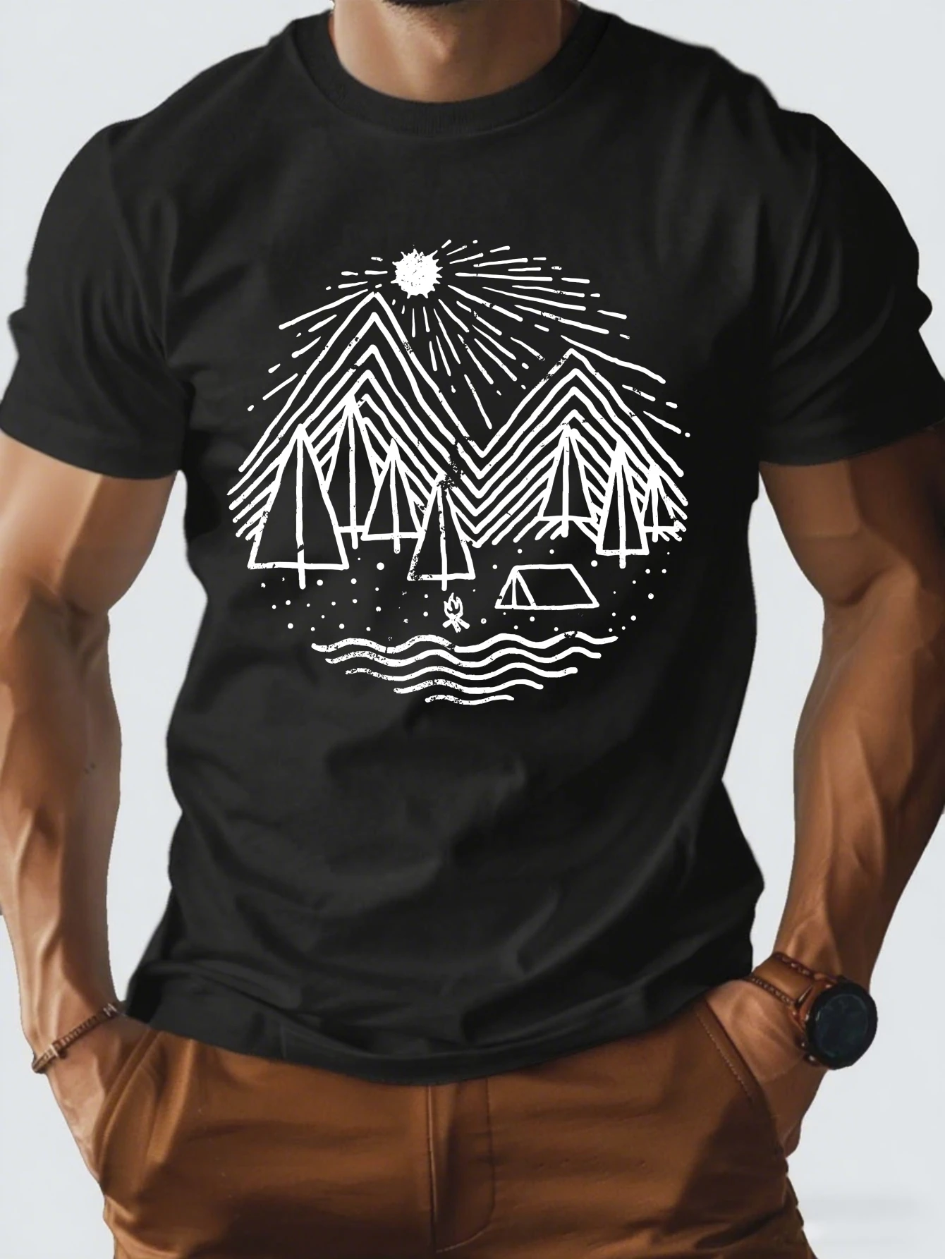 

Vintage Compass Mountain Graphic T-Shirt for Men, Camping Style Short Sleeve Tee, Casual Outdoor Print Tops