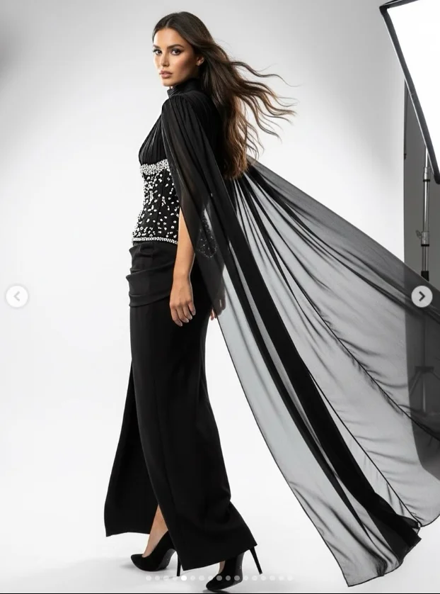 Abito da ballo nero elegante in chiffon dritto a maniche lunghe con mantello Abiti da sera Abito da festa formale da donna con spacco laterale su misura
