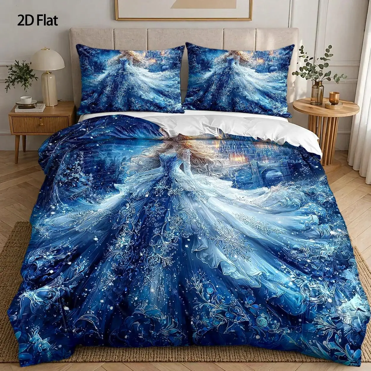 3-Piece Quilt Cover Set, 1 Quilt Cover + 2 Pillowcases (Without Filling), Ice Queen Theme, Romantic Fantasy Style, Christmas, Warm, Large Quilt Cover Set, Suitable for All Seasons, Machine Washable, Invisible Zipper, Suitable for Home, Dormitory, Master Bedroom, Guest Room