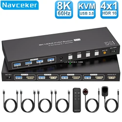 Navceker 8K HDMI KVM Switch 1 Monitors 4 Computers 4K 144Hz 4x1 USB 3.0 KVM Switch for 4 PC Share Keyboard Mouse