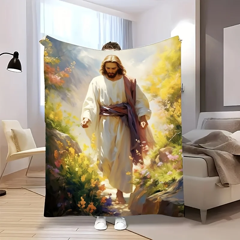 

Home Relaxation] Large Jesus and Nature Art Printed Flannel Blanket - Soft and Comfortable Religious Home Decor with Serene