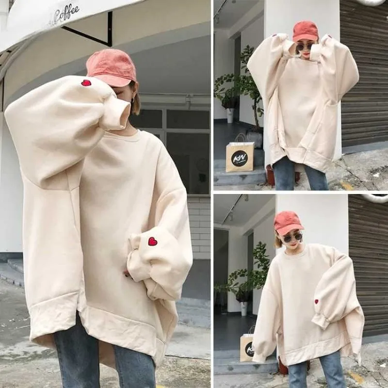 Oversized Women Sweatshirts 2024 Khaki Tops Fall Heart Print Pullover White Hoodie Long Sleeve Streetwear Drop Shipping 5XL4XL