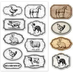Vintage Farm Animals Tag Clear Stamps for Cards Making Retro Animal Label Clear Stamp Seals Transparent Stamps for DIY