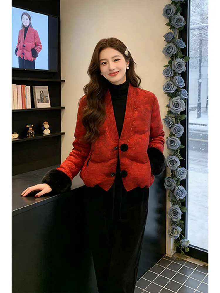 

Red down Cotton Jaet Women's Faionable Small Size Trendy Youthful Sve Fur Winter New Arrival Korean Sle V-Ne Coat