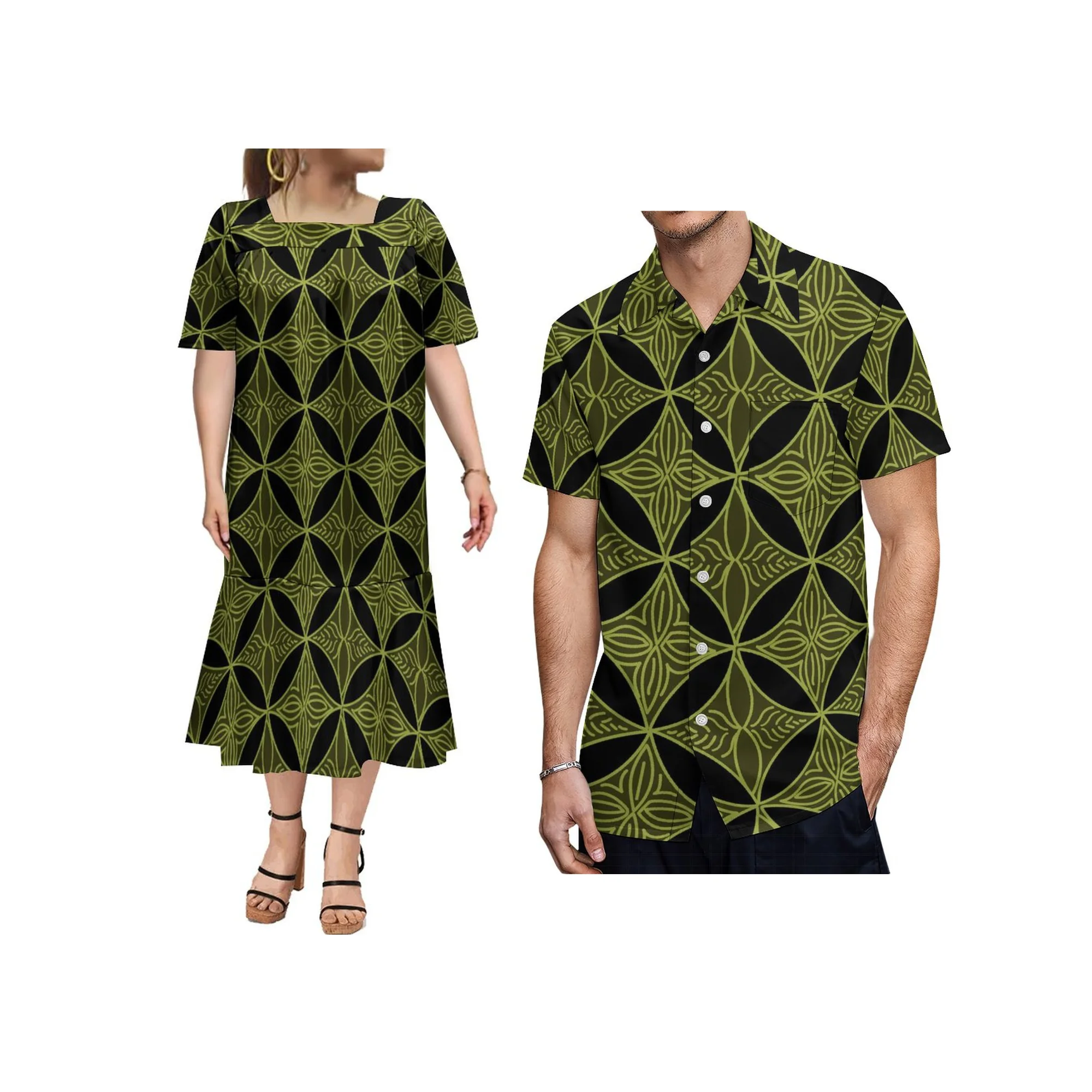 1 MOQ Custom Logo Polynesian Island Design Micronesian Mumu Dress And Ladies Mermaid Dress Sets Of Couples 2Pcs