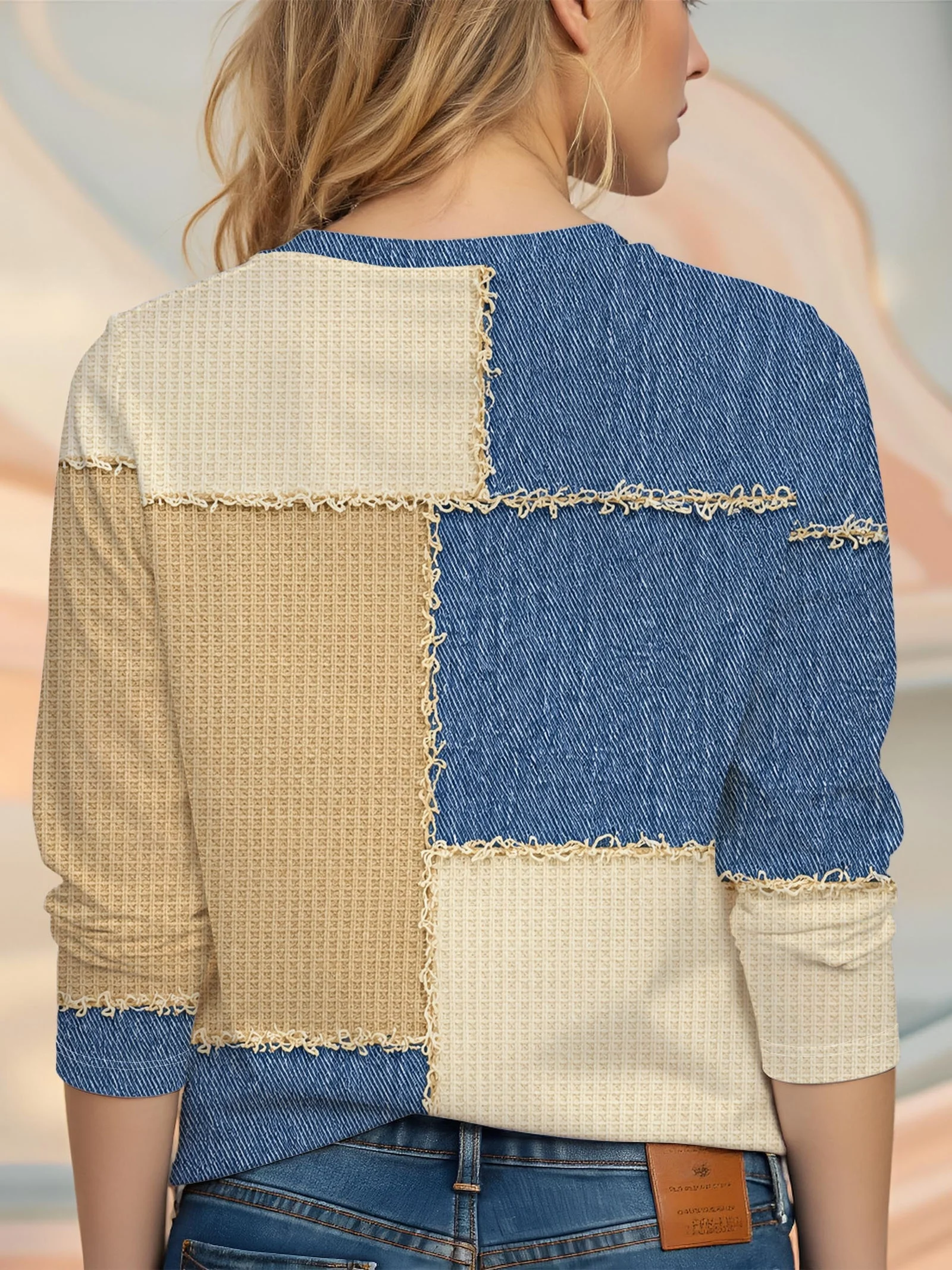 Women Long Sleeve Top Frayed Patchwork Plaid Print Round Neck Soft Casual Daily Slim Tops Women's Clothes