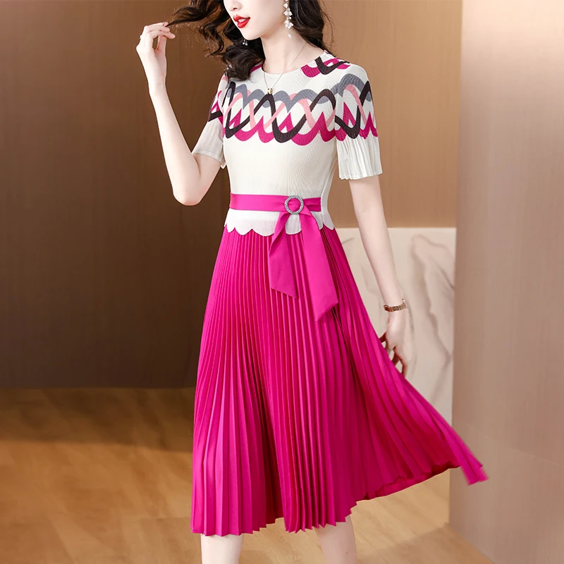 

Mike Pleated Magic Dress2023 New O-Neck Loose Large Elastic Temperament Celebrity Waist Slim Pleated A-line Long Dress