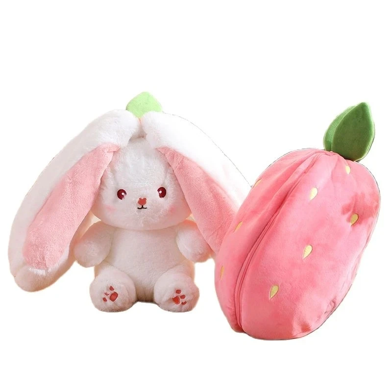 30cm Creative Funny Doll Carrot Rabbit Plush Toy Stuffed Soft Bunny Hiding in Strawberry Bag Toys for Kids Girls Birthday Gift