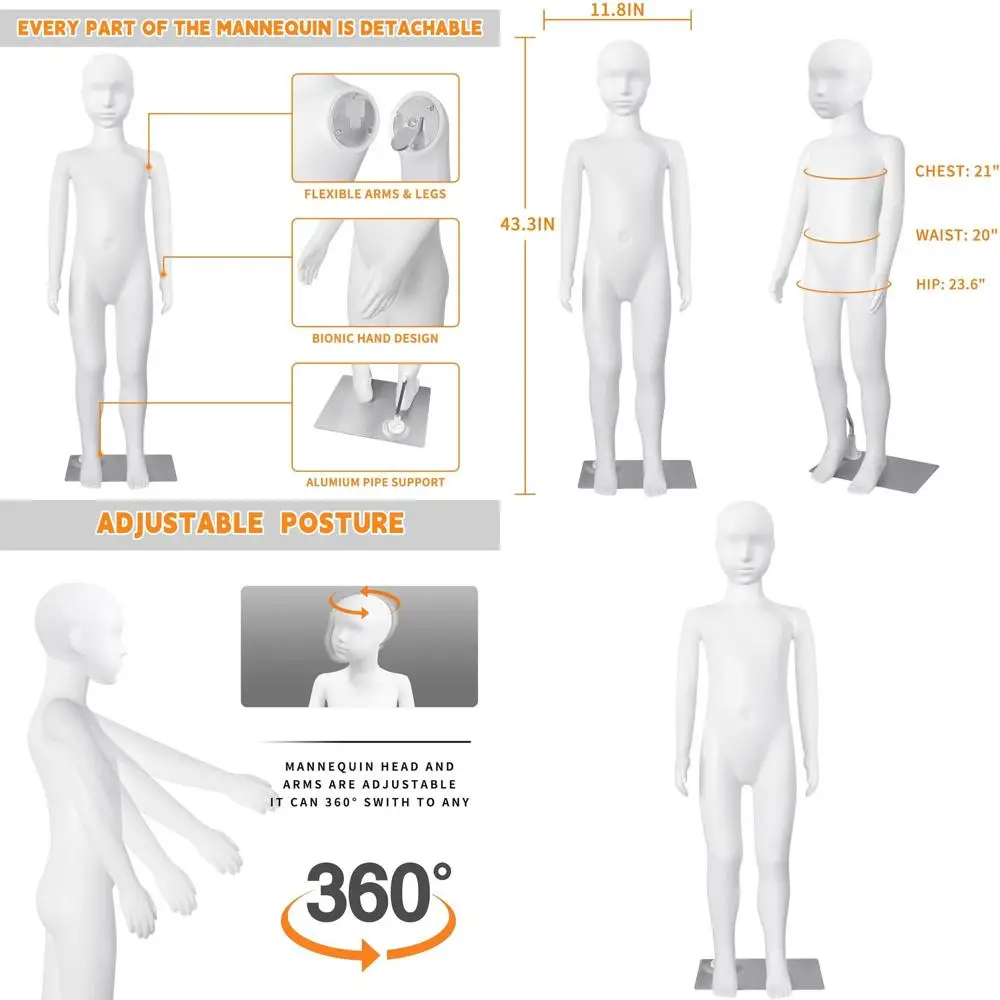 

Adjustable White Kids' Mannequin with Detachable Body and Metal Base for Display