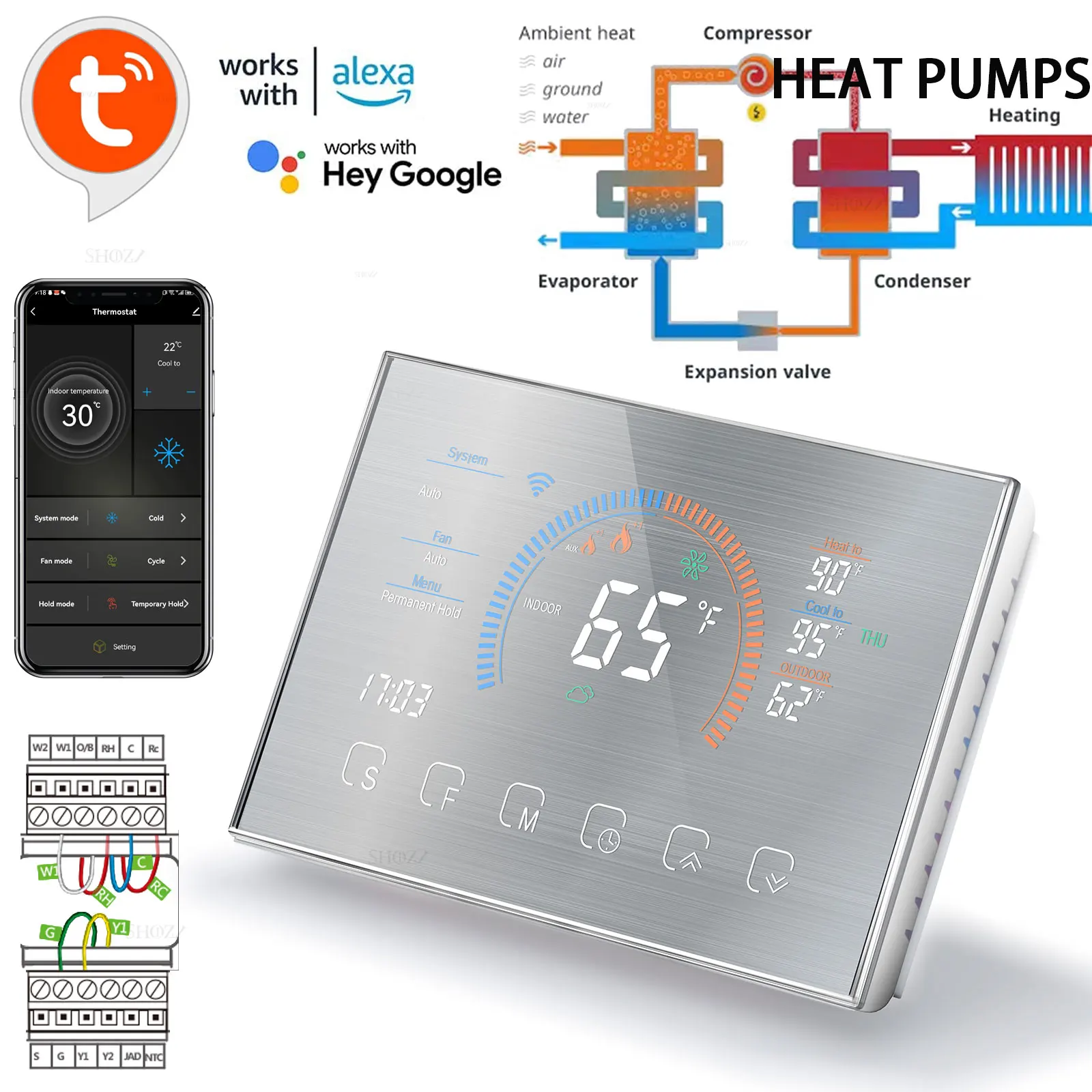 Tuya Wifi Programmable Heat Pump Thermostat 24VAC/DC for Most HVAC Systems Compatible Boiler/Air Energy with Alexa and Google