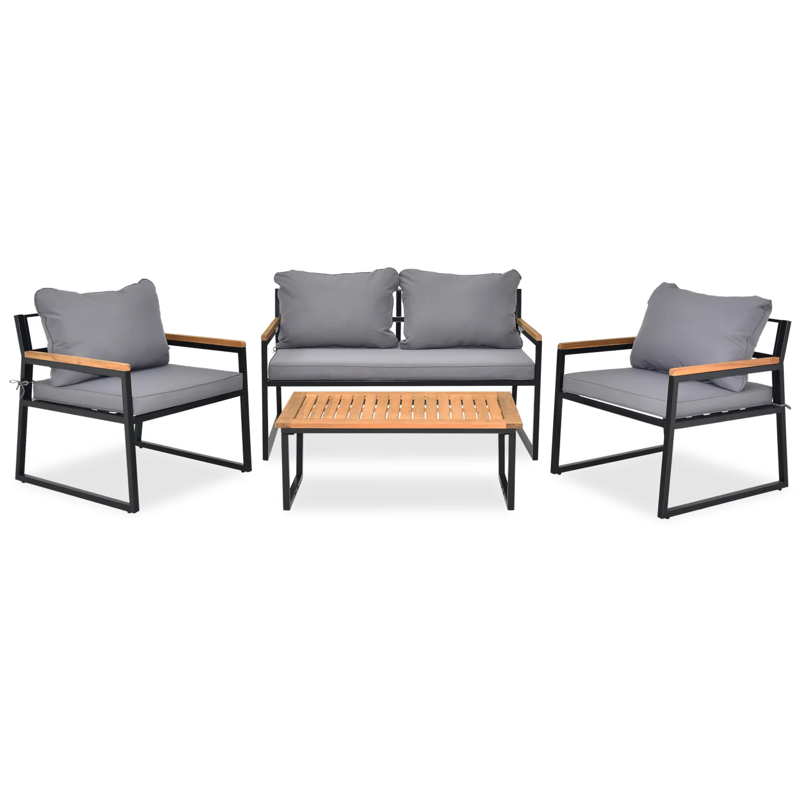 4 Piece Lounge Conversation Set, Metal Frame with Acacia Wood Armrest & Tabletop Furniture Set with Soft Cushions and Table