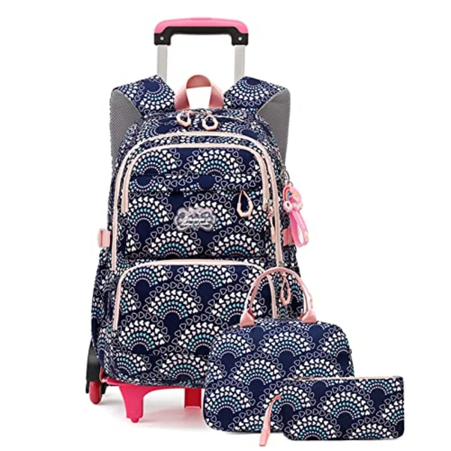 

3PCS Girls Rolling Backpack Elementary Student Schoolbag Travel Trolley Bag Wheeled Bookbag with Lunch Box