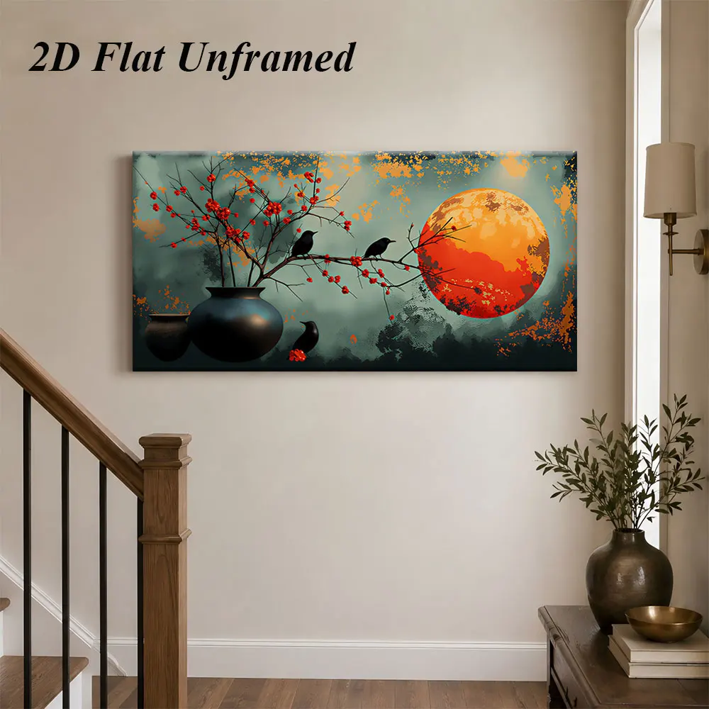 (1PC Unframe)1 traditional Chinese style red moon flower and bird frameless decorative painting, living room entrance background