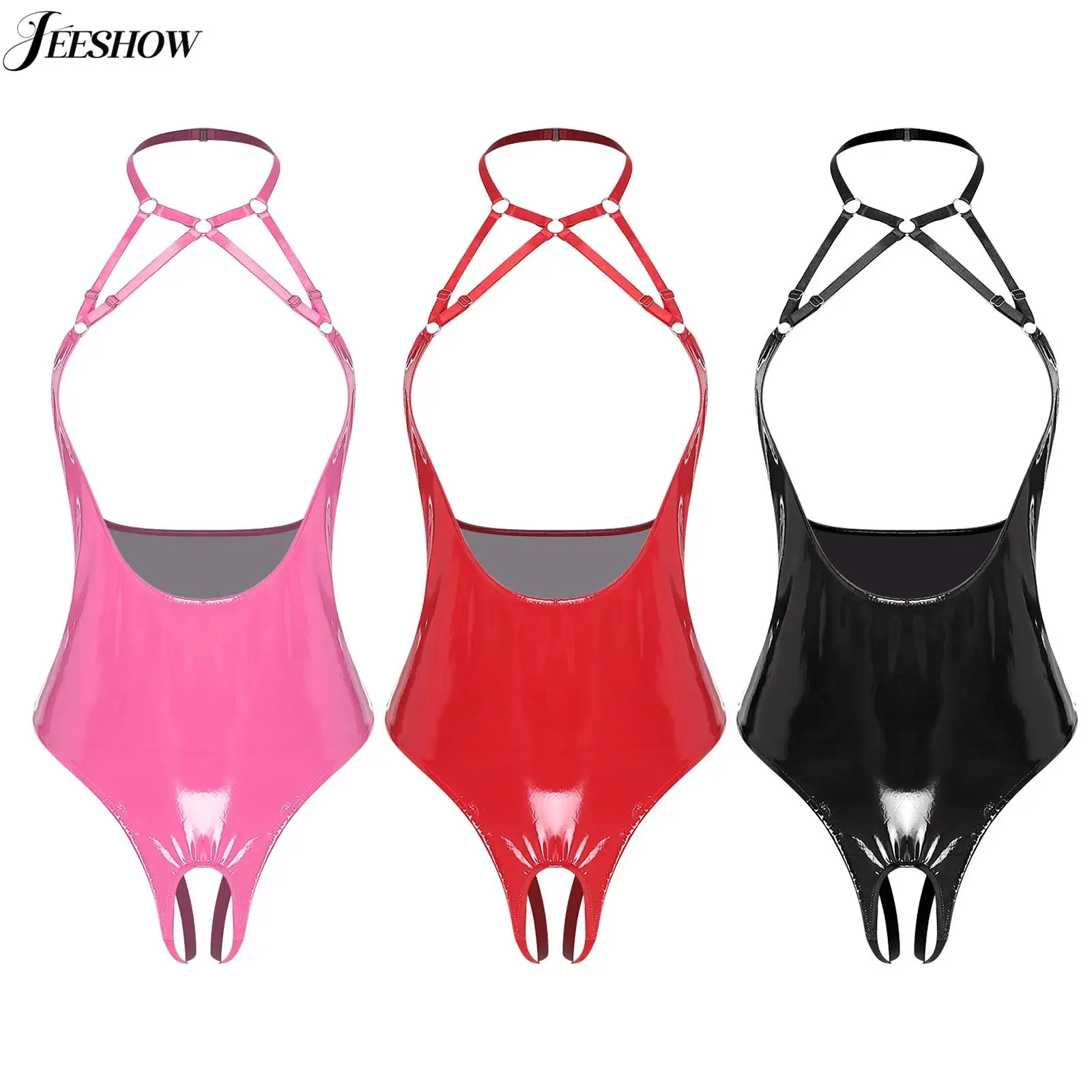 

Womens PU Leather Hollow Out Lingerie Bodysuit Wet Look Strappy Halter Neck Open Chest Backless Crotchless High Cut Catsuits