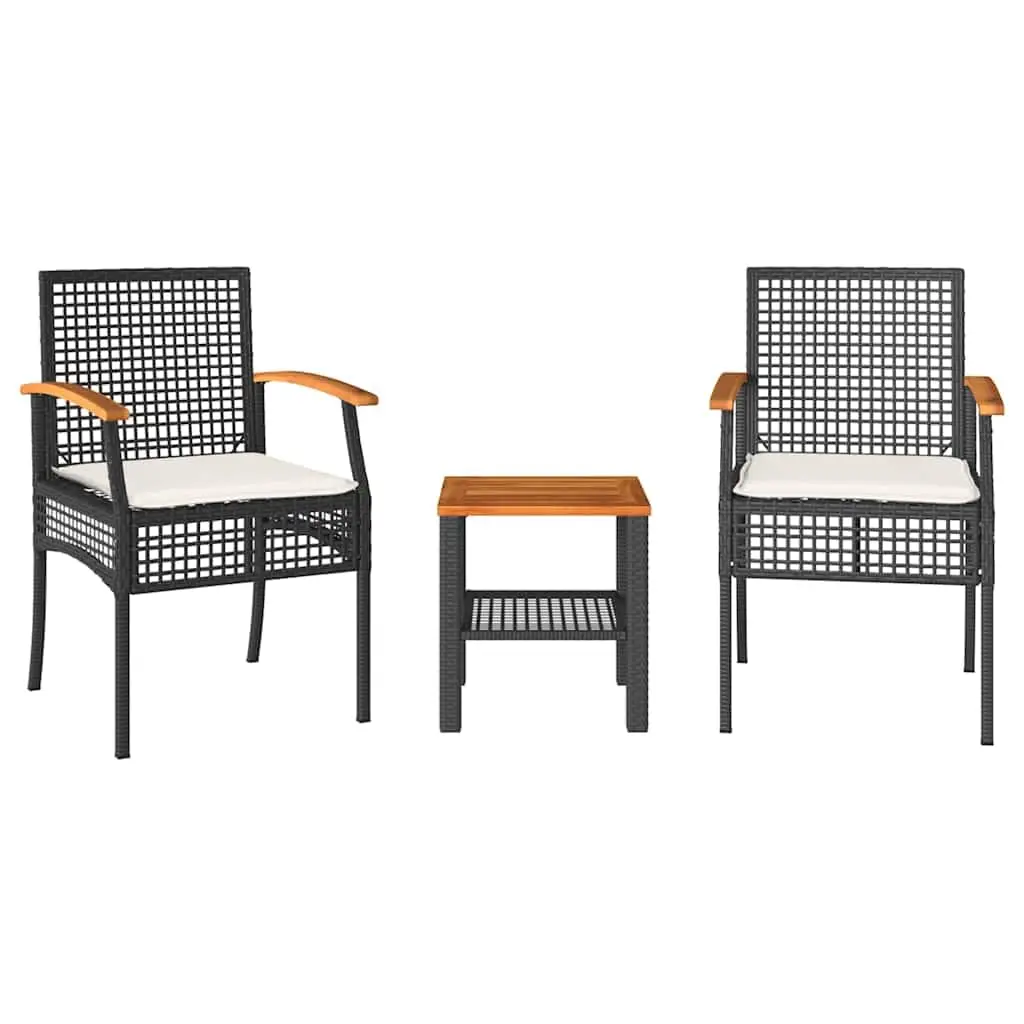 3 Piece Patio Bistro Set, Outdoor PE Rattan Conversation Chair Set with Acacia Wood Tabletop and Cream White Cushions for