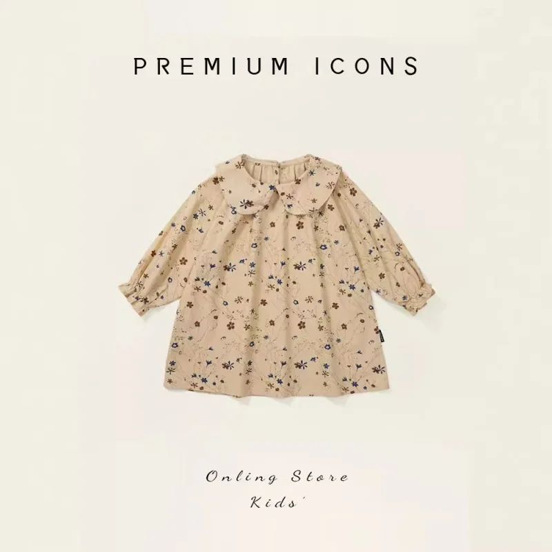 

Girls' Floral Dress Spring New Long Sleeve Doll Collar Pure Cotton Princess Dress