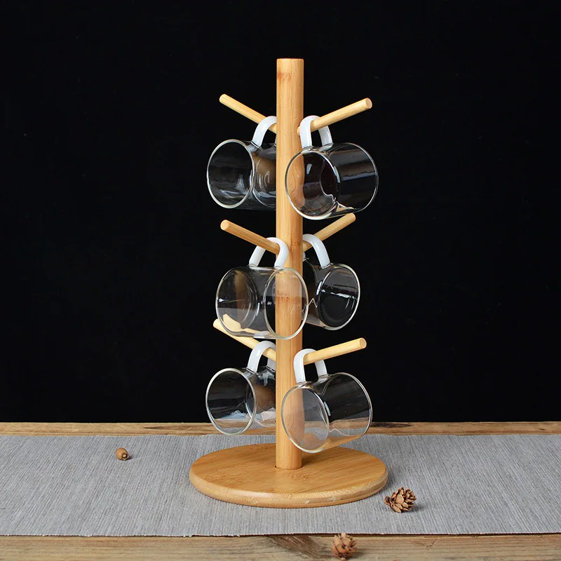 Tree Shape Wood Coffee Tea Cup Rack Storage Holder Stand Home Kitchen Mug Hanging Display Drinkware Shelf With 6 Hooks